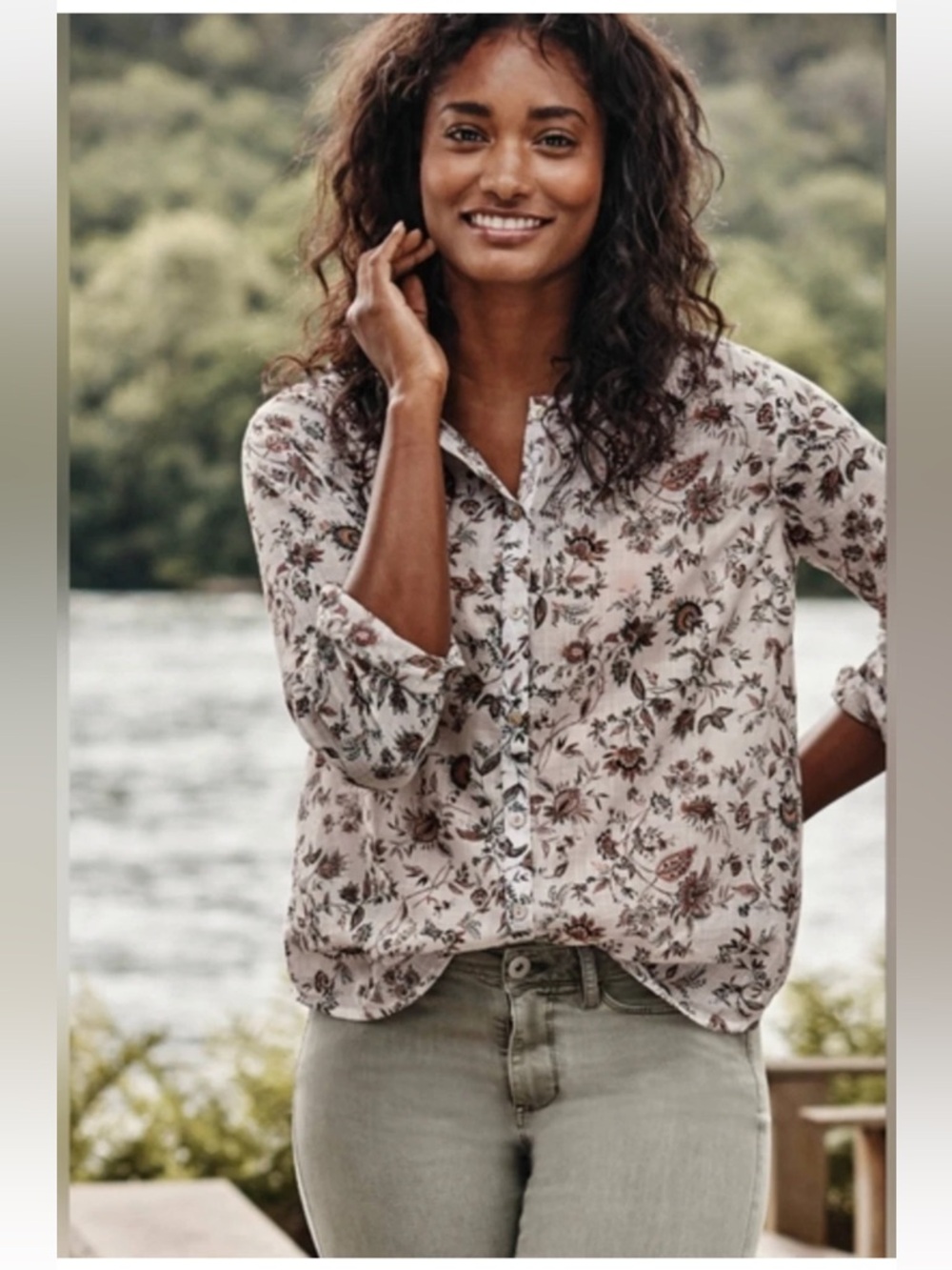 J. Jill Cream Button-Down Blouse with Brown Floral Print size XL